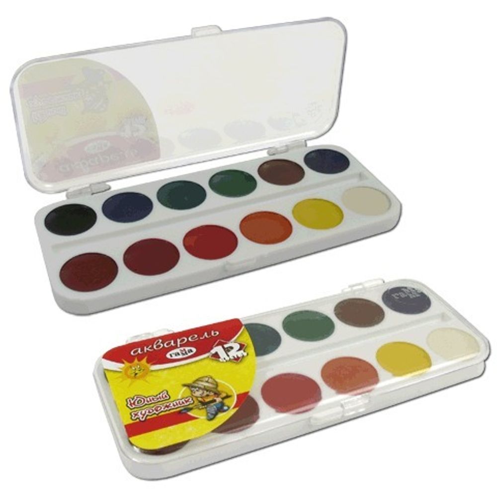 Краски акварельные ГАММА "Юный Художник", 12 цветов, медовые, без кисти, пластиковая коробка, 212071