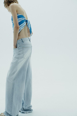 ZARA ЛЬНЯНОЙ ТОП БЕЗ БРЕТЕЛЕЙ, СИНИЙ/БЕЛЫЙ