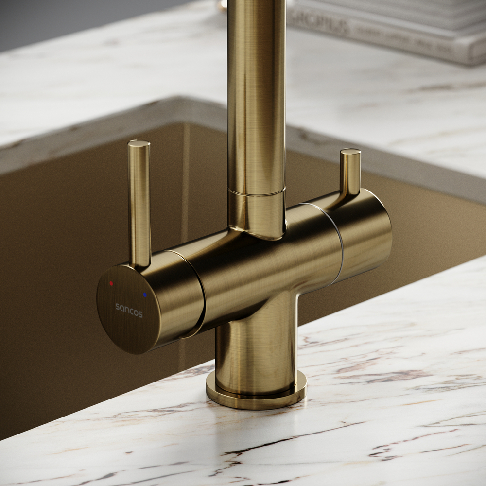 Смеситель для кухни Sancos Spin с вытяжным изливом, краном для фильтра, брашированное золото, SC4015BG