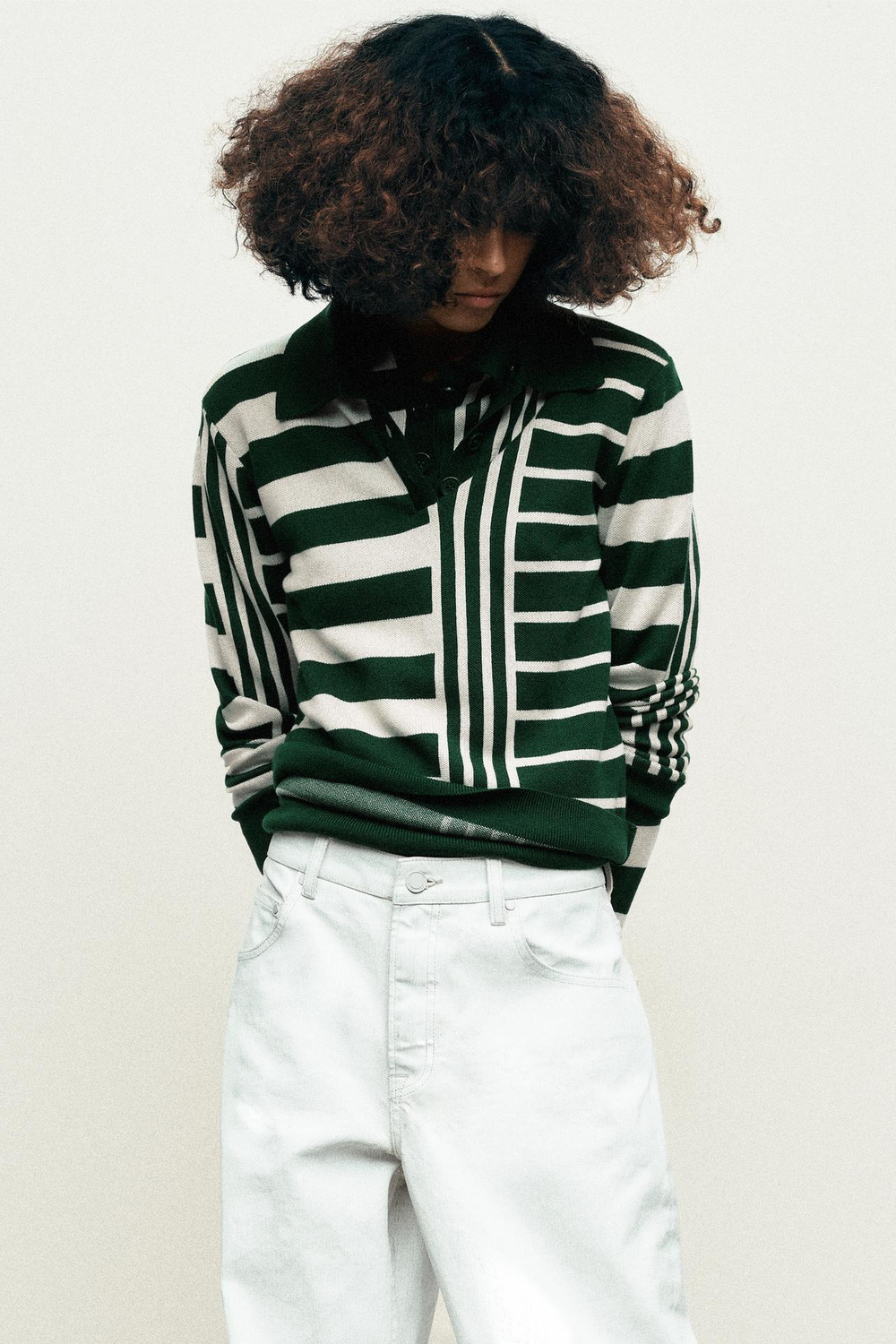 ZARA СВИТЕР В ПОЛОСКУ С ВОРОТНИКОМ ПОЛО, ЗЕЛЕНЫЙ