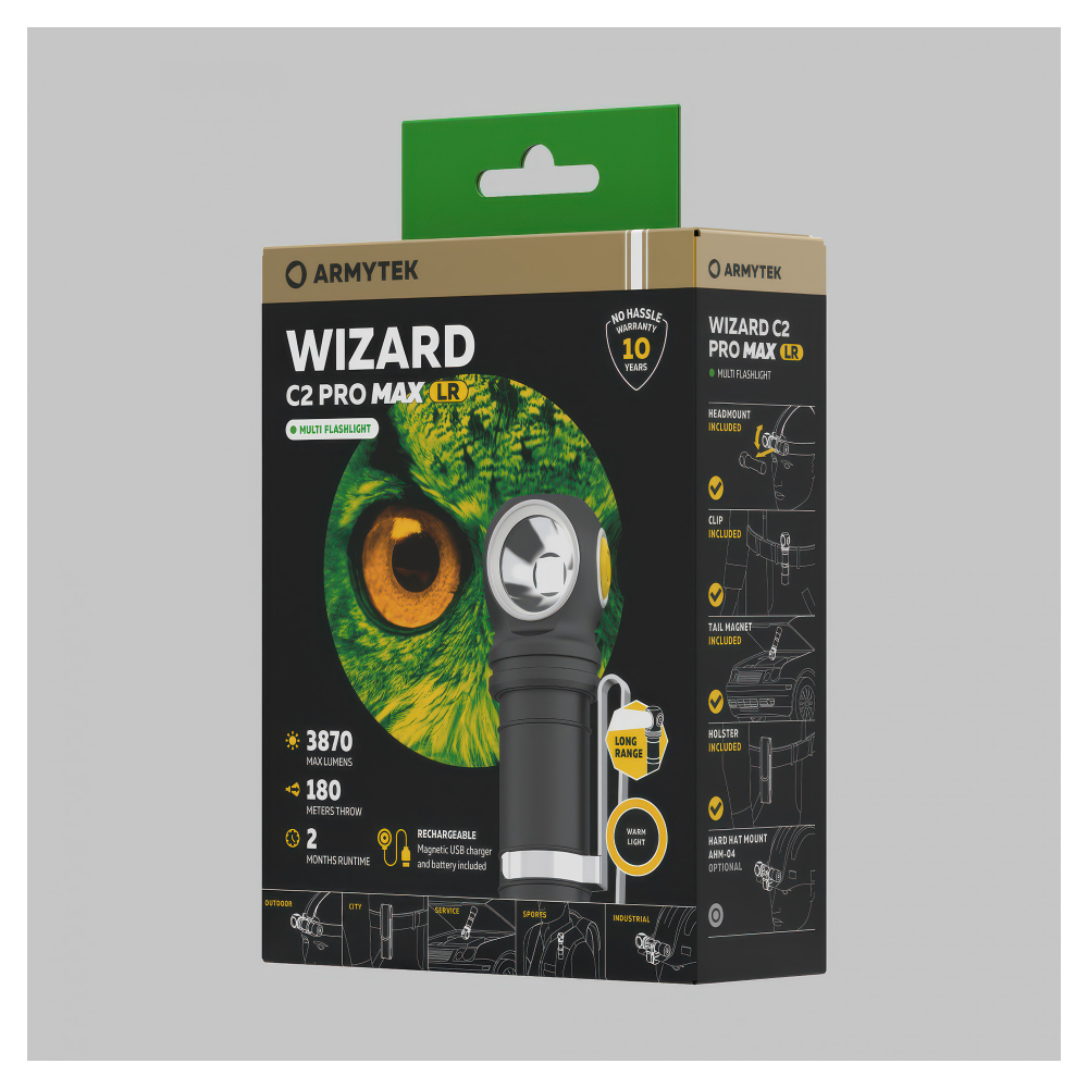 Налобный фонарь Armytek Wizard C2 Pro Max Magnet USB LR (теплый свет) - защита от перегрева, короткого замыкания и индикация состояния батареи.