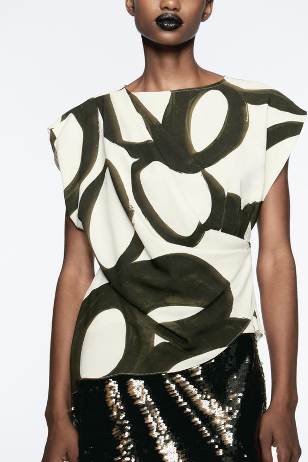 ZARA ТОП С ПРИНТОМ, ЗЕЛЕНЫЙ/ЭКРЮ