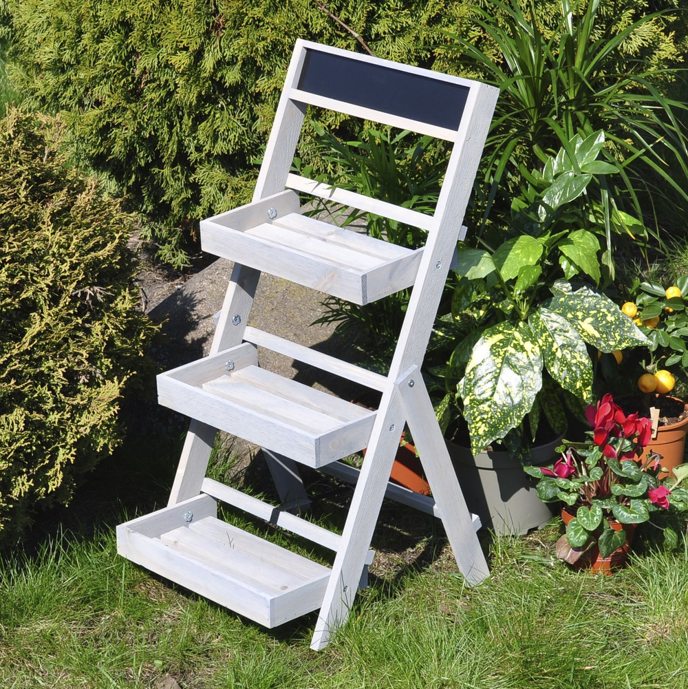 Подставка для цветов и декора напольная 3 полки из массива сосны Флорэль, деревянная этажерка для цветов на подоконник в стиле рустик, серая