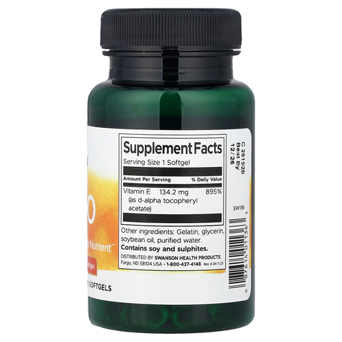 Swanson Vitamins, натуральный витамин E, 134,2 мг (200 МЕ), 100 капсул