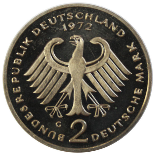 2 марки. 20 лет ФРГ - Конрад Аденауэр. (G) Германия. Медноникель. 1972 г. PROOF