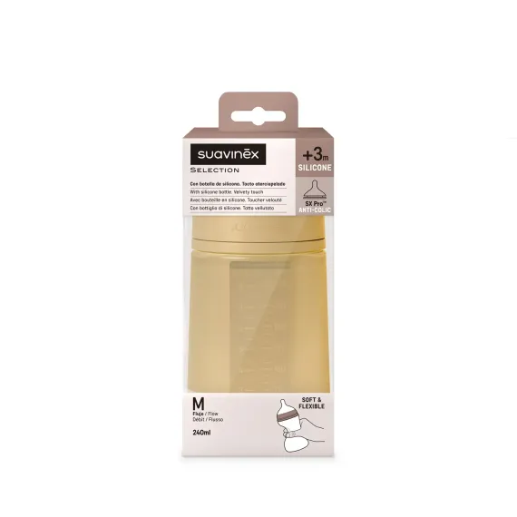 Силиконовая бутылочка Suavinex Colour Essence для детского питания, с соской из силикона 240 мл Желтая