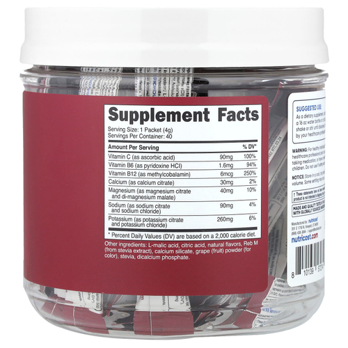 Nutricost, Электролиты, улучшенный комплекс для увлажнения, виноград, 40 пакетиков в стиках по 4 г (0,1 унции)