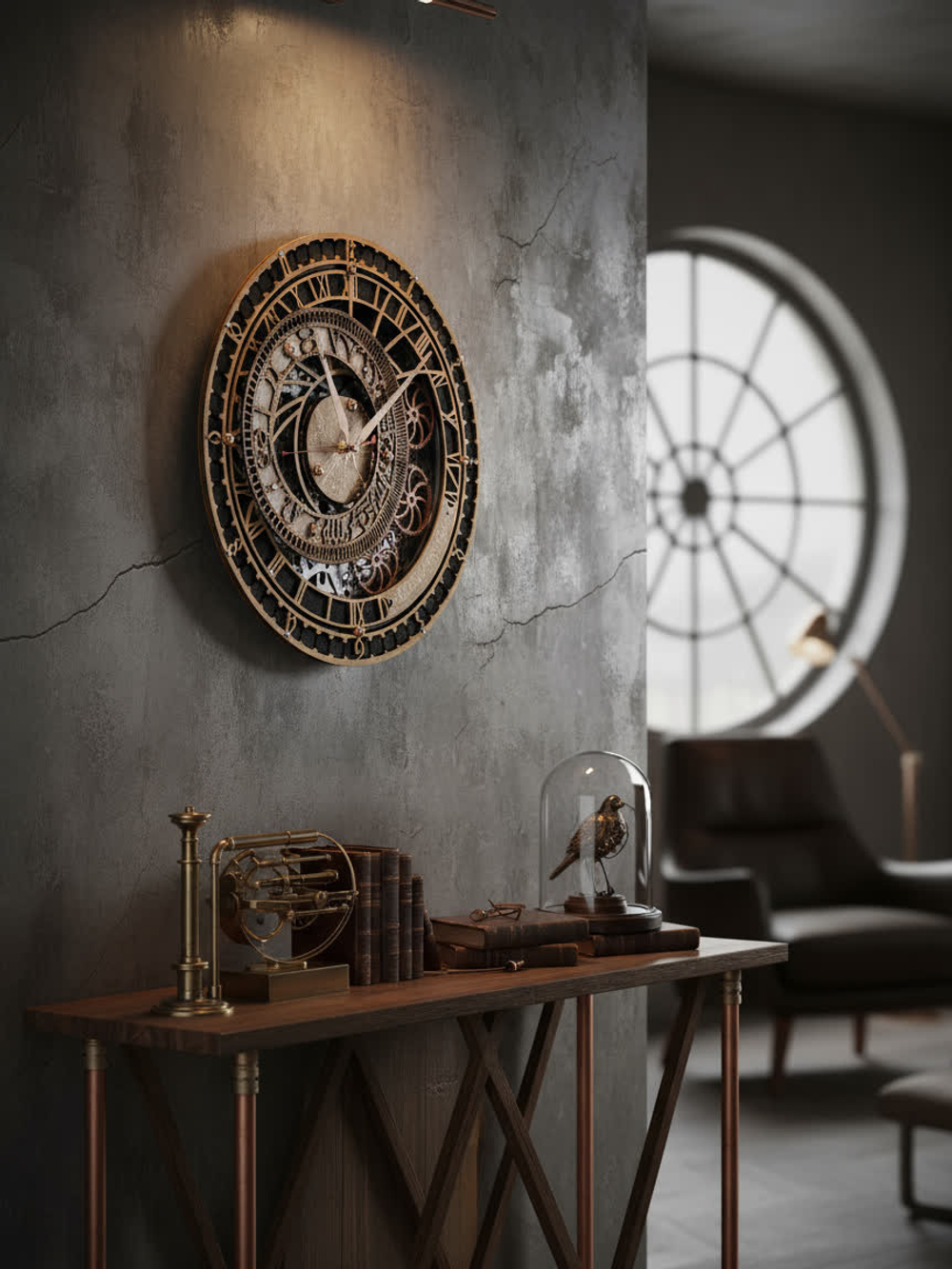 Настенные часы WOODandROOT Automaton Prague на серой стене с круглым окном, интерьер в стиле лофт с латунным декором