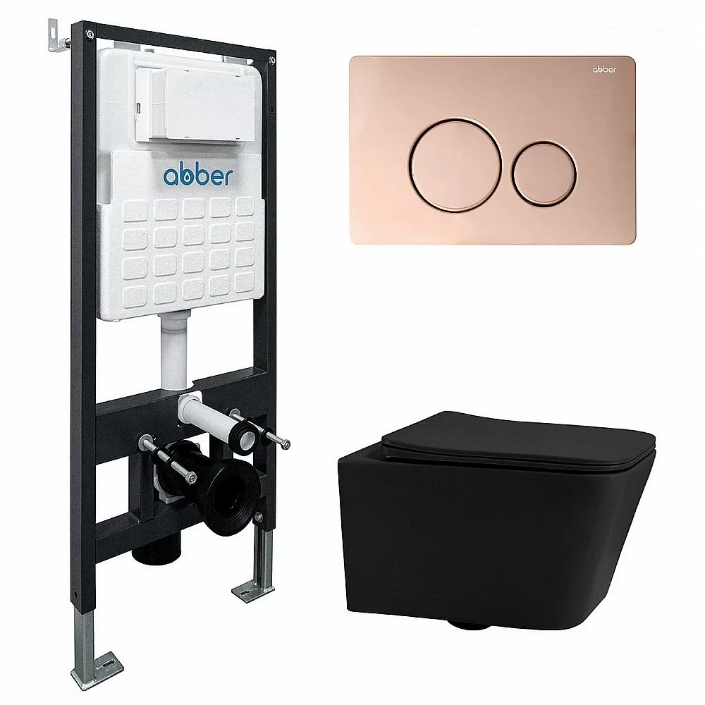 Унитаз подвесной Abber Rechteck AC1201MB-AC0105-AC0121RG черный матовый, безободковый, с инсталляцией, с крышкой микролифт, с кнопкой золото розовое