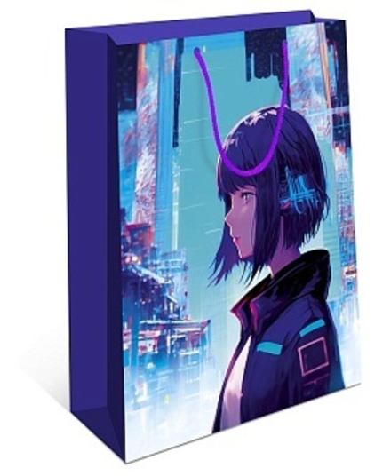 Пакет подарочный, Девушка (стиль аниме), Синий, 32*26*12 см.