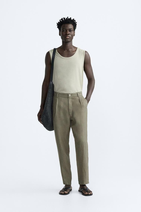 ZARA БРЮКИ ИЗ 100% ЛЬНА, ХАКИ