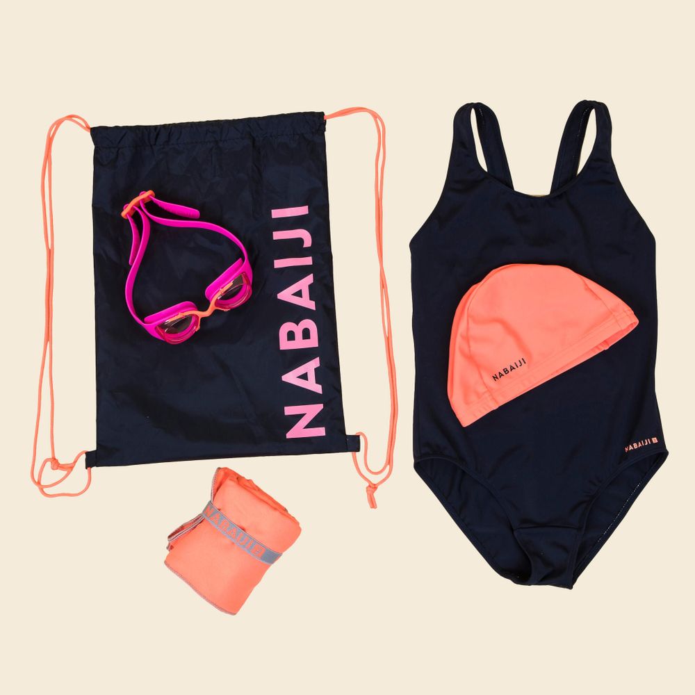 Детский набор для плавания Nabaiji 100Start: плавательный костюм очки шапочка полотенце сумка