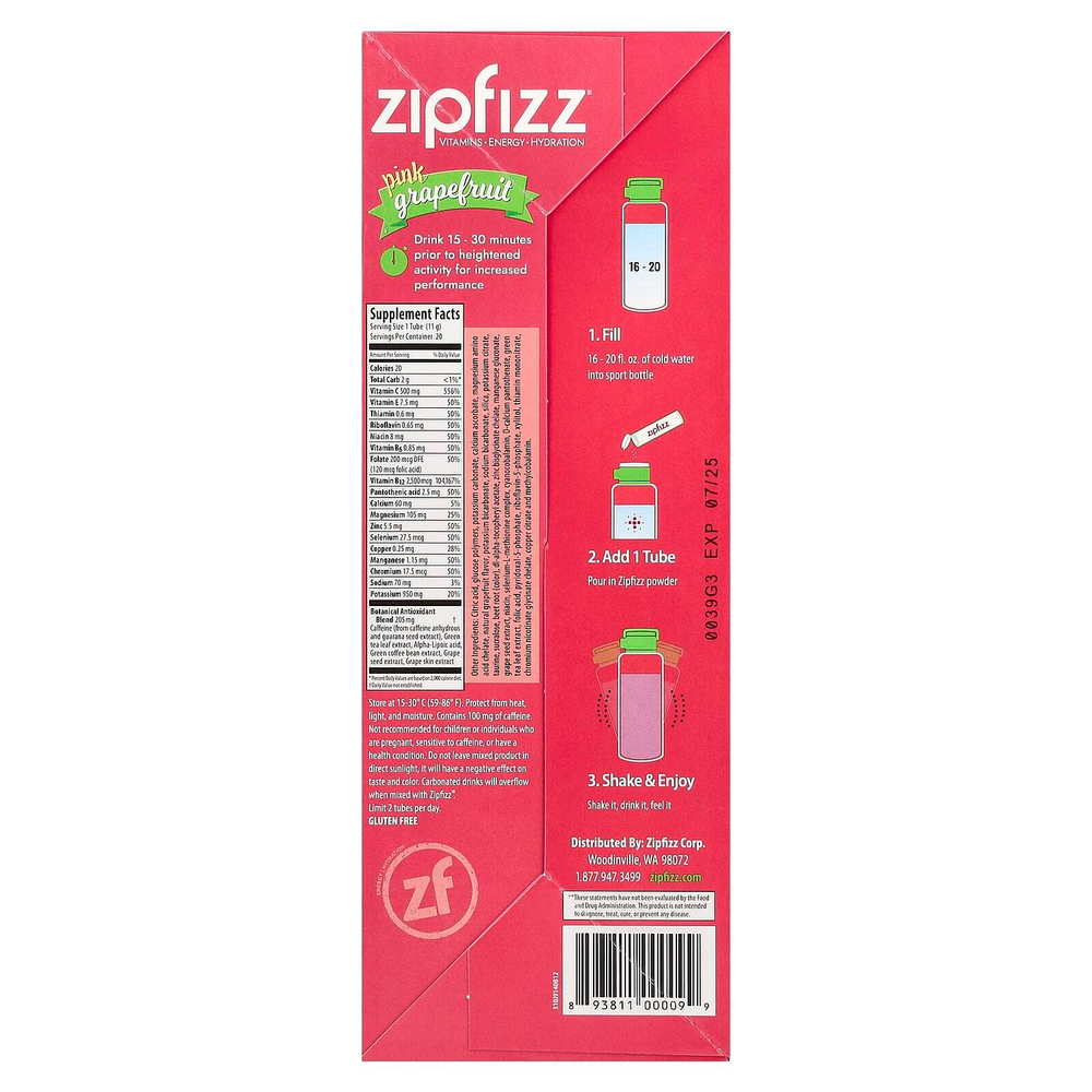 Zipfizz, Энергетическая смесь для здорового спорта с витамином B12, розовый грейпфрут, 20 тюбиков по 11 г (0,39 унции)