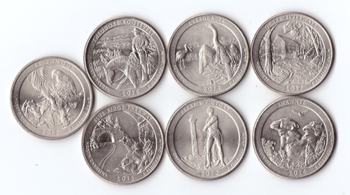 1/4 доллара США 2012,13,14,15,16,17 г. 7 шт. Разные. Медно-никель XF