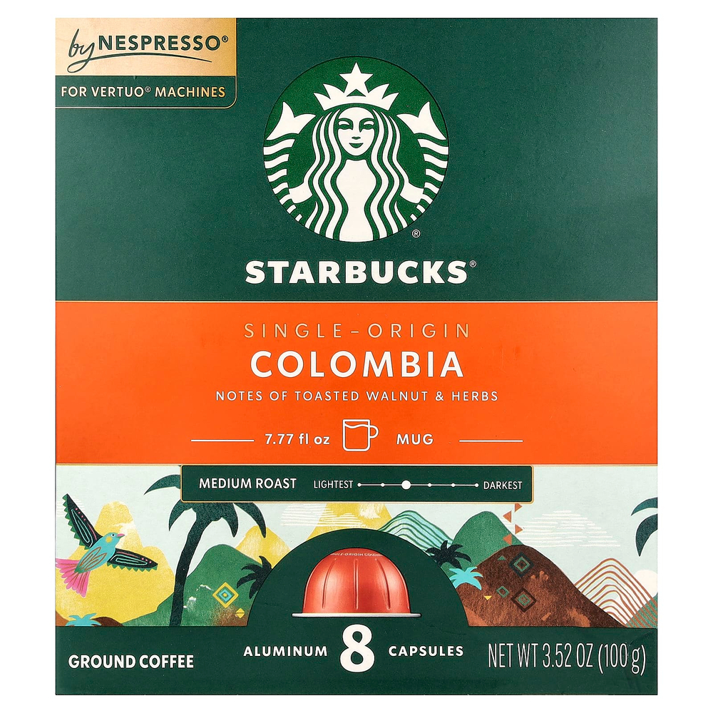 Starbucks, Nespresso®, Колумбия, молотые, средняя обжарка, 8 алюминиевых капсул, 100 г (3,52 унции)
