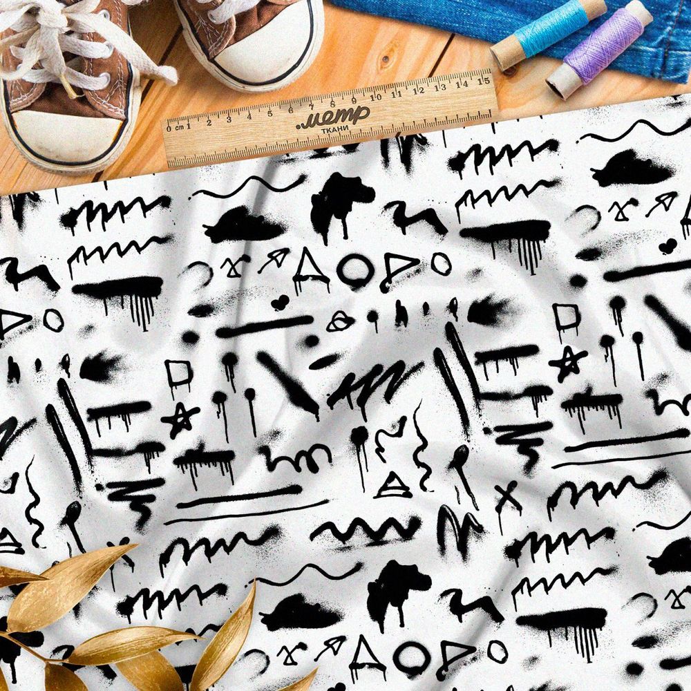 Ткань премиум интерлок черно-белые петроглифы