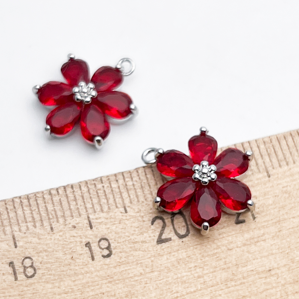 Подвеска Цветок, цвет серебро (родий) + красный, размер 17*13 мм, цена за 1 шт