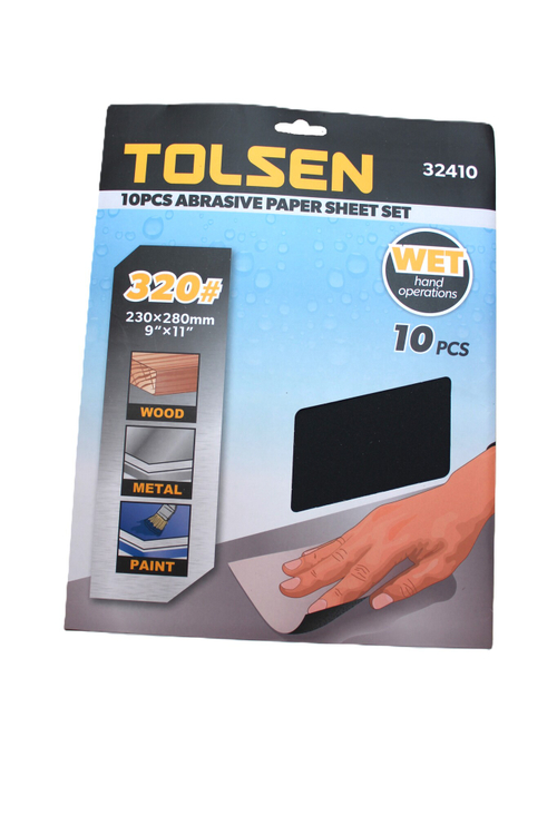 Шлифлист на бумажной основе водостойкий TOLSEN P320 SIC, 230х280мм 10шт. 32410