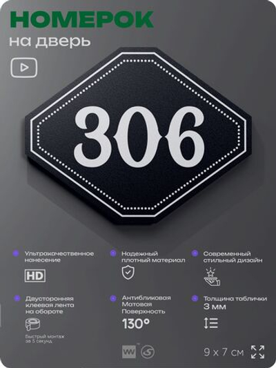 Номерок на дверь квартиры 306, для кабинета, офиса, шильдик 9 х 7 см, черный, Айдентика Технолоджи