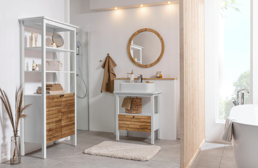 Зеркало настенное 70х70, Миллиси, круглое, в деревянной раме, в спальню, ванную, прихожую, бежевое, Dipriz