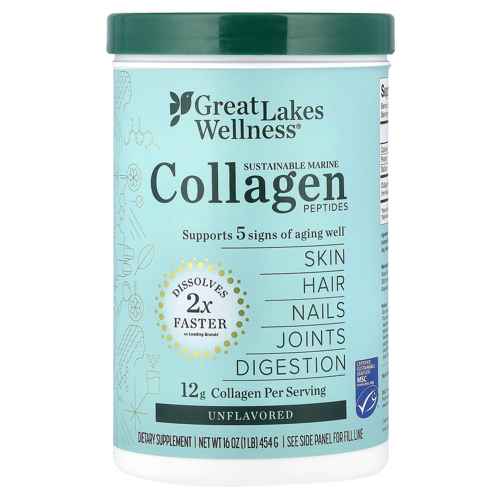 Great Lakes Wellness, экологичные пептиды морского коллагена, без вкусовых добавок, 454 г (16 унций)