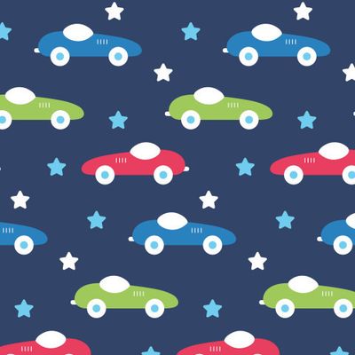 Купить темно-синюю детскую ткань Спортивные машинки и звезды. Kids blue sports cars fabric print.