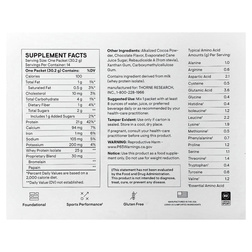 Thorne, Изолят сывороточного протеина, шоколад, 14 пакетиков по 30,2 г (1,06 унции)