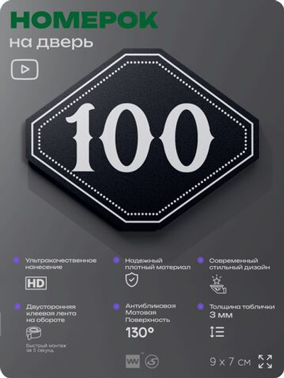 Номерок на дверь квартиры 100, для кабинета, офиса, шильдик 9 х 7 см, черный, Айдентика Технолоджи