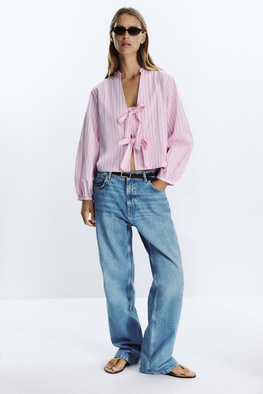 ZARA РУБАШКА ИЗ ПОПЛИНА В ПОЛОСКУ С ЗАВЯЗКАМИ, РОЗОВЫЙ/БЕЛЫЙ