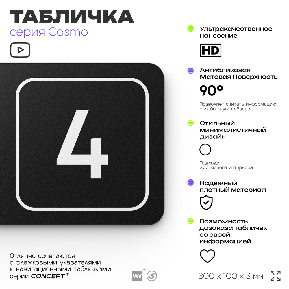 Таблички с номером помещения "Помещение №4", номер на дверь, 30 х 10 см, серия COSMO 3010, черная, Айдентика Технолоджи