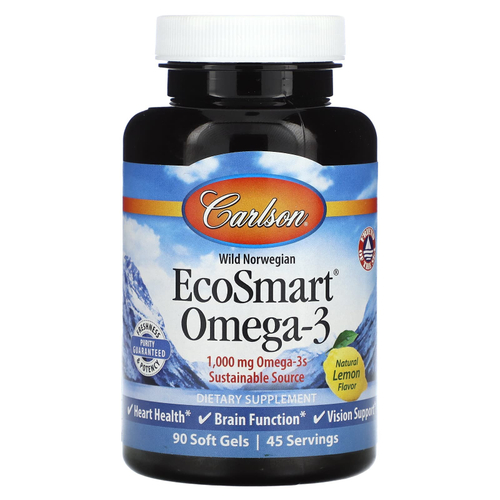 Carlson, EcoSmart Omega-3, дикорастущий норвежский продукт, натуральный лимон, 90 капсул