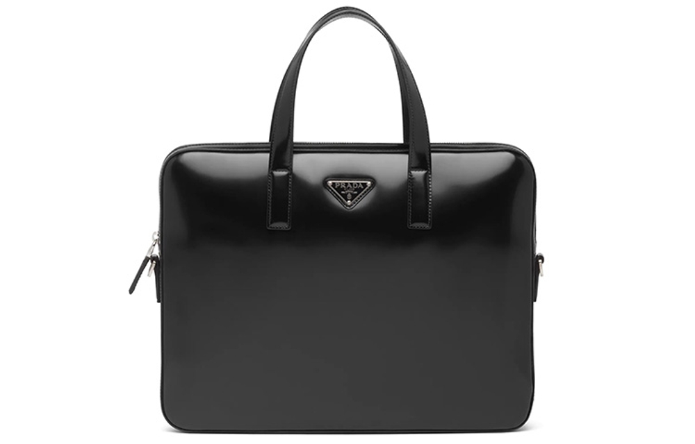 PRADA Saffiano Shiny Leather Briefcase, Handbag Men"s Black