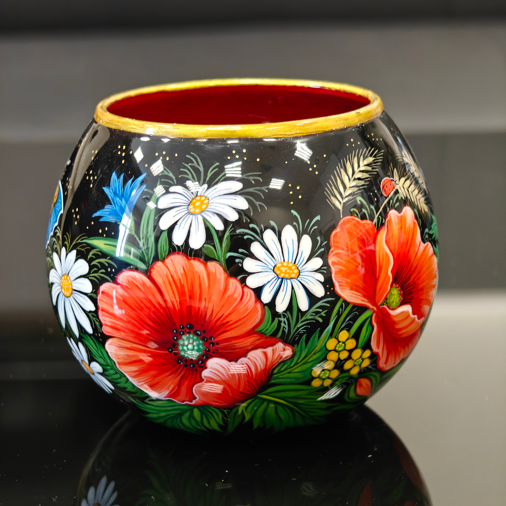 Вазочка с ручной росписью Палех "Маки и полевые цветы"