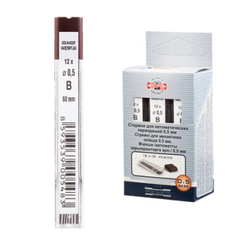 Грифели для механических карандашей Koh-I-Noor "4152", 12шт., 0,5мм, B