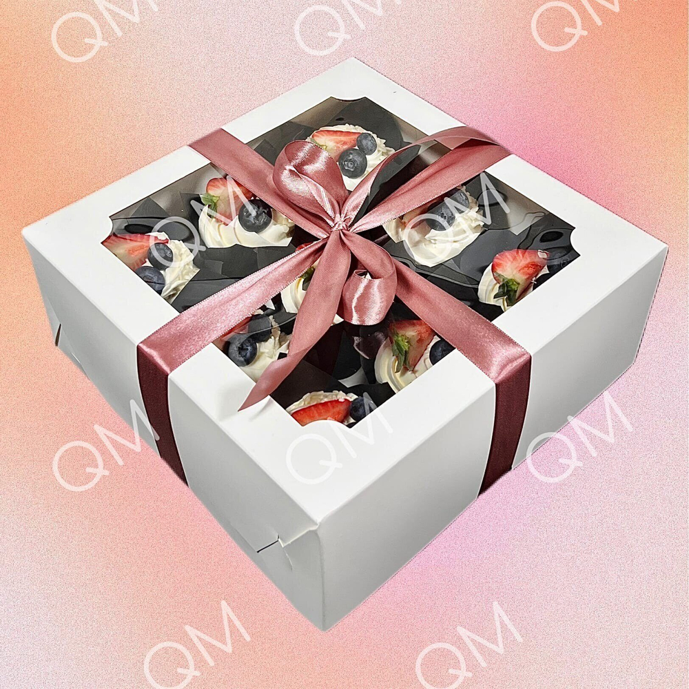 Коробка под капкейки с окошком 250*250*100 мм (9) (белая) целлюлозный картон с односторонним мелованным покрытием, эконом, 50шт