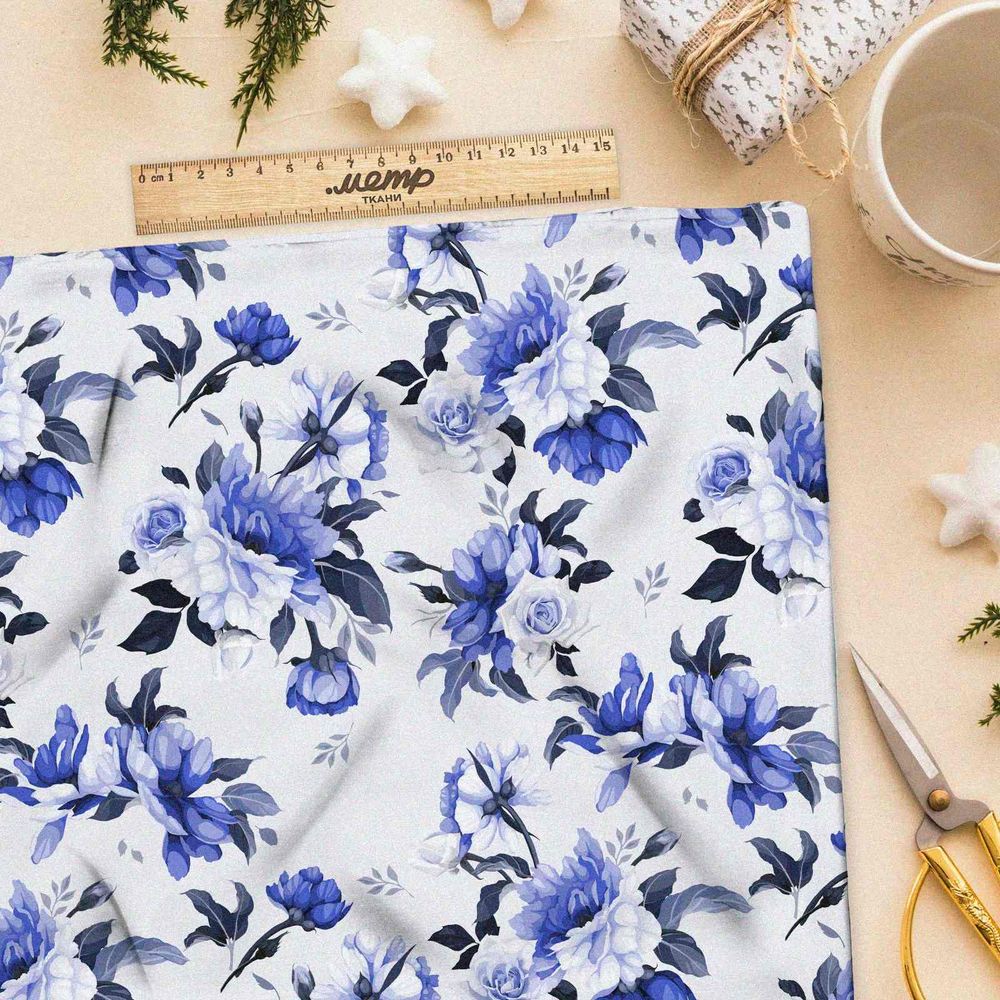 Ткань сатин голубые цветочки