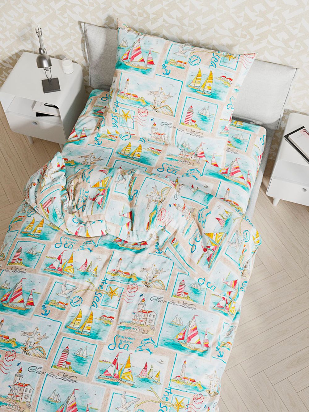 Постельное белье Сказка "Витамин Sea" 1,5-сп Наволочка 50х70 см 1 шт Простынь на резинке 90х200 см Пододеяльник 145х215 см, перкаль