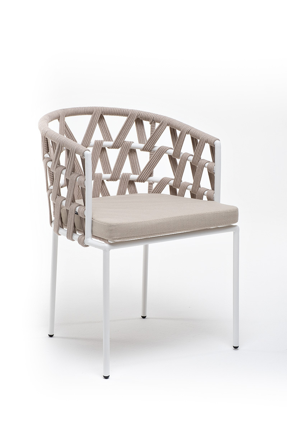 "Диего" стул плетеный из роупа, каркас из стали белый муар, роуп бежевый круглый, ткань бежевая 15052