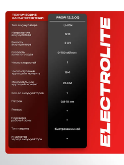 Electrolite Дрель-шуруповерт, От аккумулятора, 12 В, 26 Нм, 1 АКБ, PROFI 12Q с набором бит