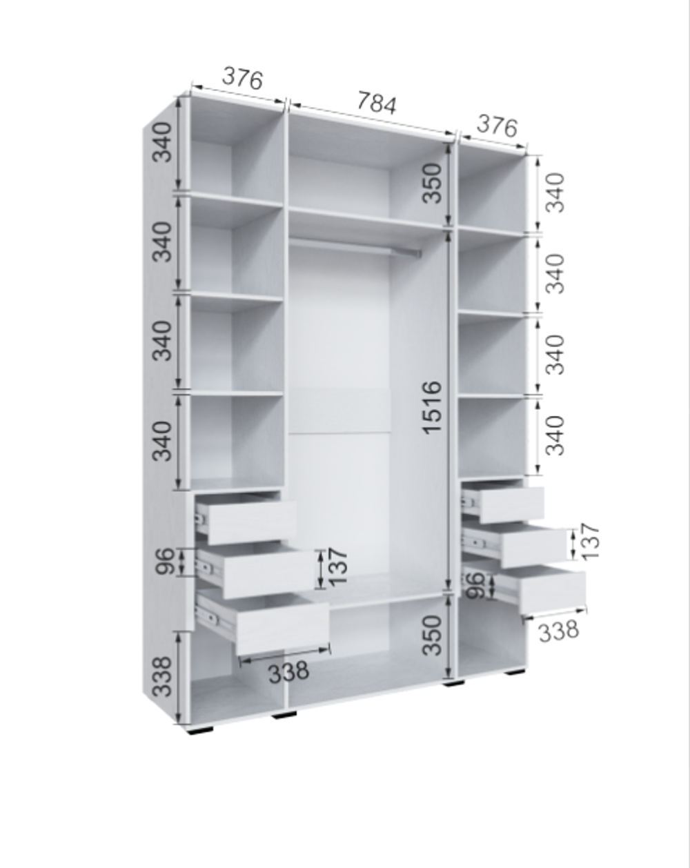 Шкаф с ящиками внутри без зеркала Бруклин 160Ш