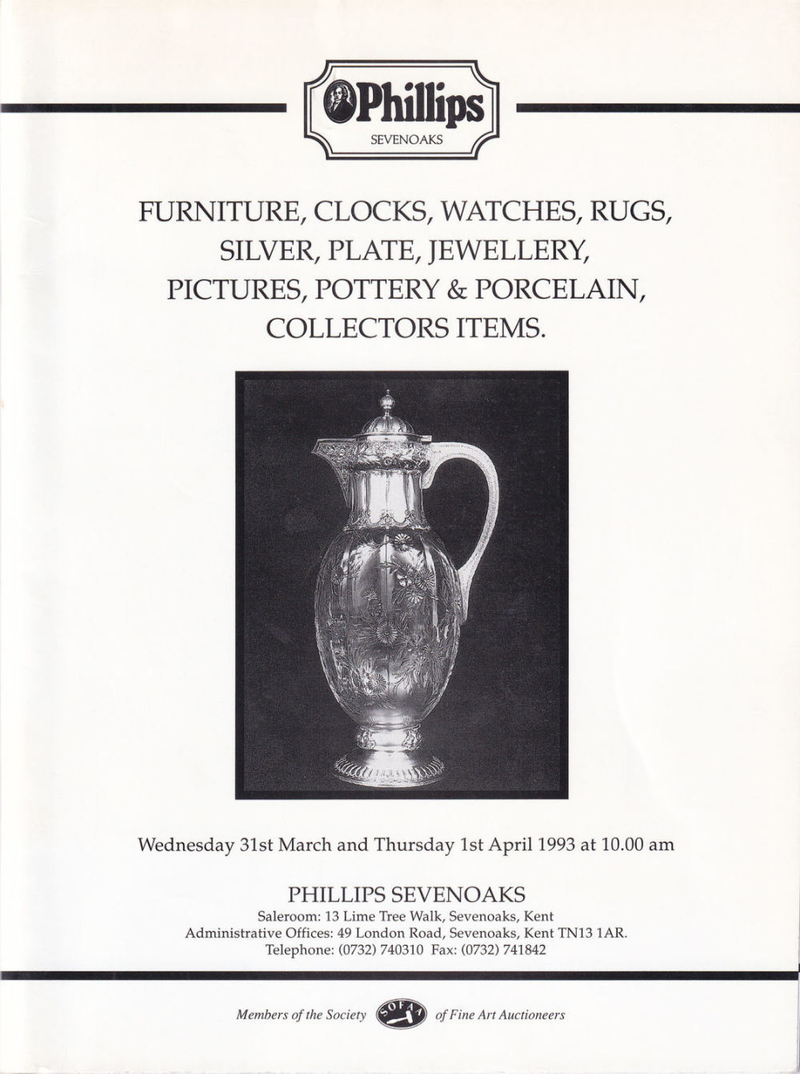 Каталог аукциона Phillips, Кент, Мебель, часы, ковры, серебро, посуда, украшения, картины, керамика и фарфор, предметы коллекционирования от 1 апреля 1993 года