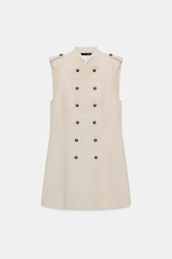 ZARA МИНИ-ПЛАТЬЕ С НАВЕСНЫМИ ПЕТЛЯМИ ИЗ ЛЬНА, СВЕТЛО-БЕЖЕВЫЙ