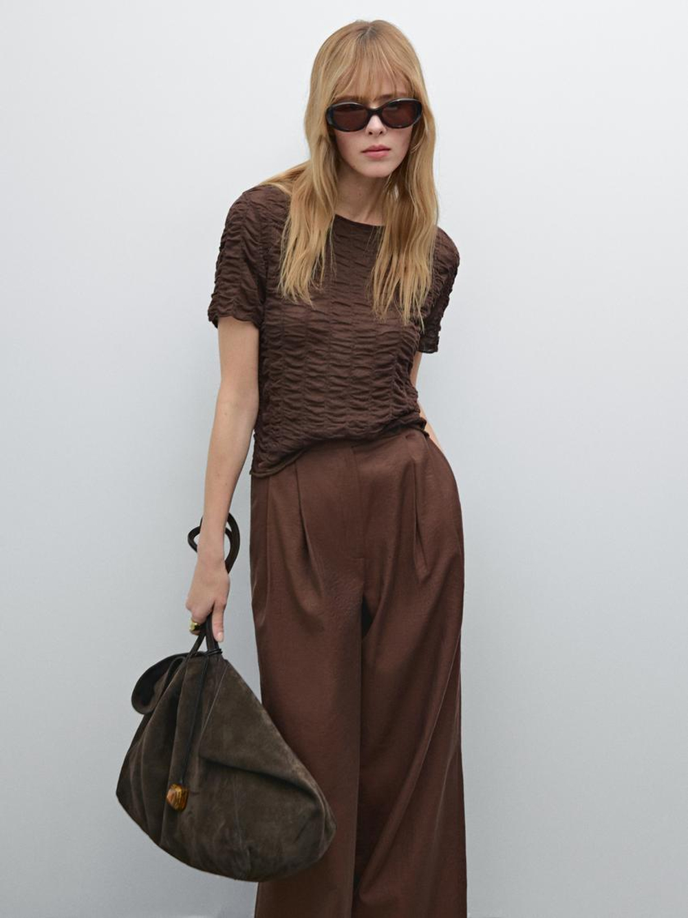 Massimo Dutti Трикотажная футболка со сборкой, коричневый