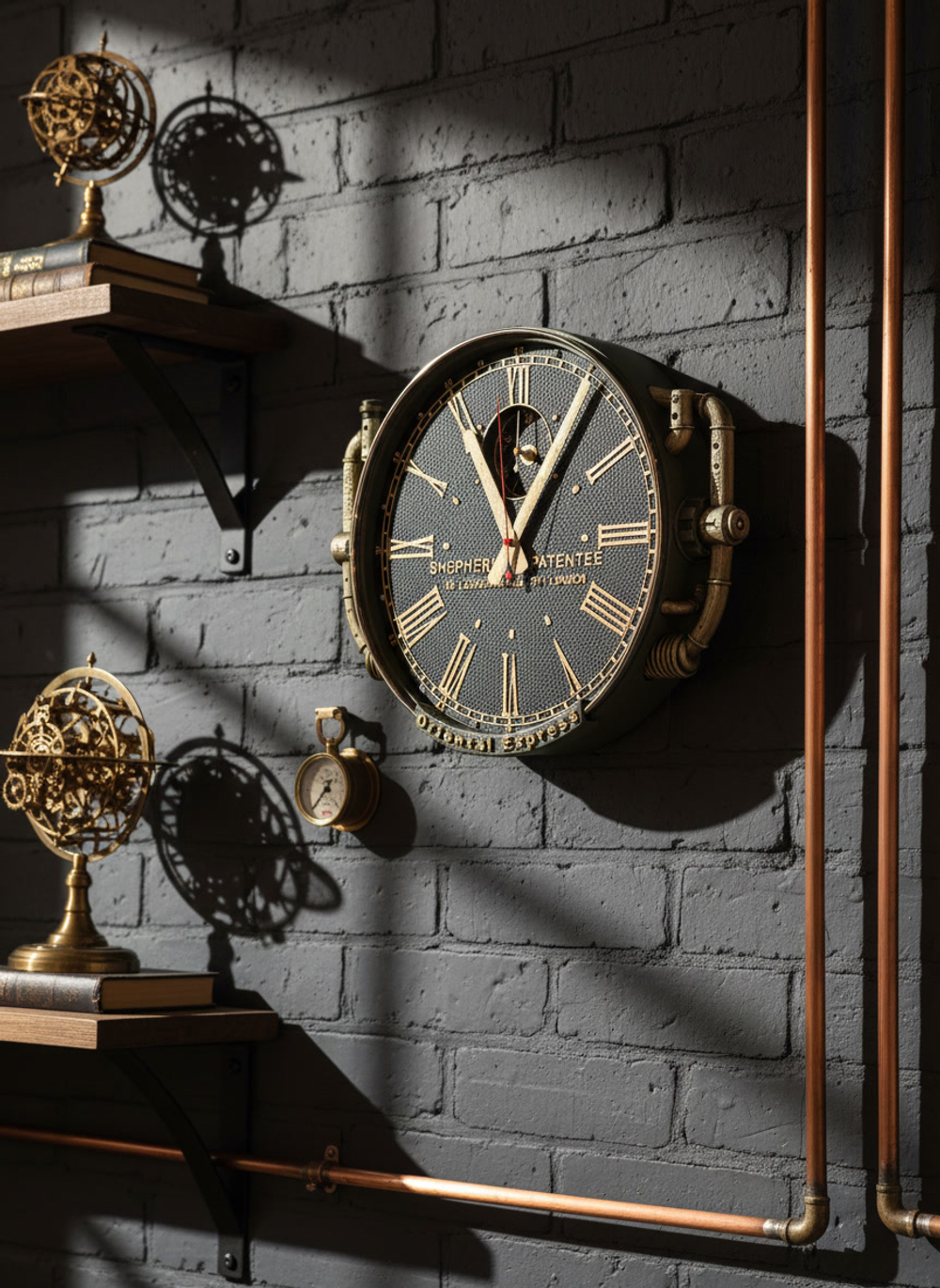 Настенные часы Oriental Express WOODandROOT в индустриальном интерьере, акцент на механическом дизайне