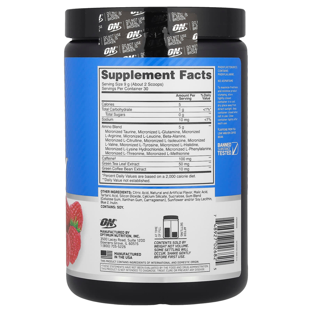 Optimum Nutrition, Essential Amin.O. Energy®, голубая малина, 270 г (9,5 унции)