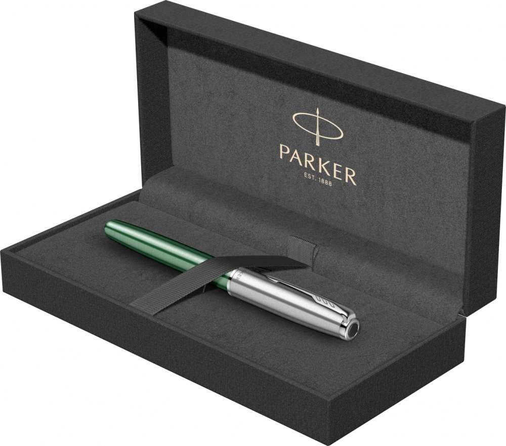 Ручка-роллер Parker Sonnet Essentials Green SB Steel CT 2169364, цвет чернил black, перо: F, в подарочной упаковке.