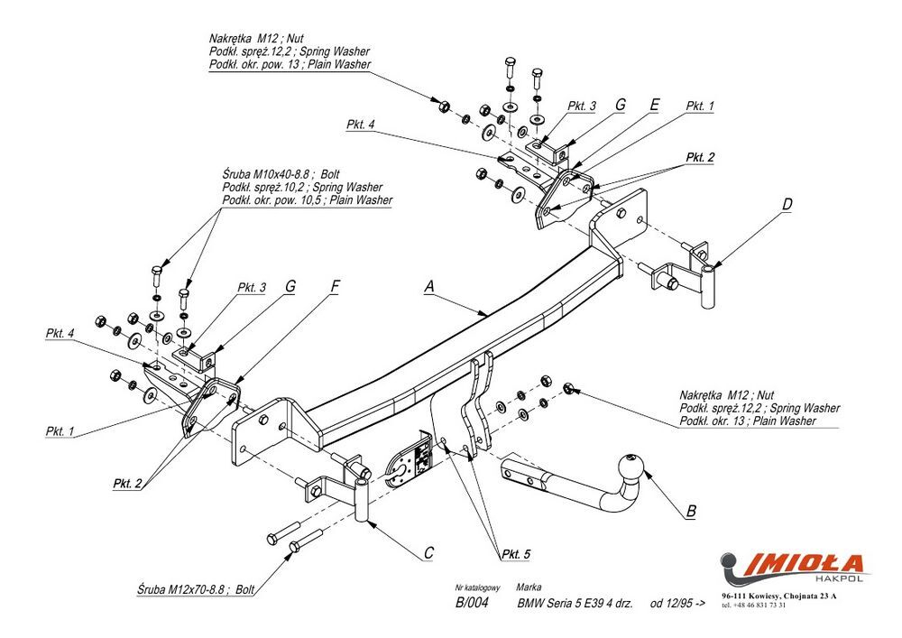 Фаркоп IMIOLA B.004 для BMW 5-Series E39 седан 1995-2003(паспорт и сертификат в комплекте)(без электрики)