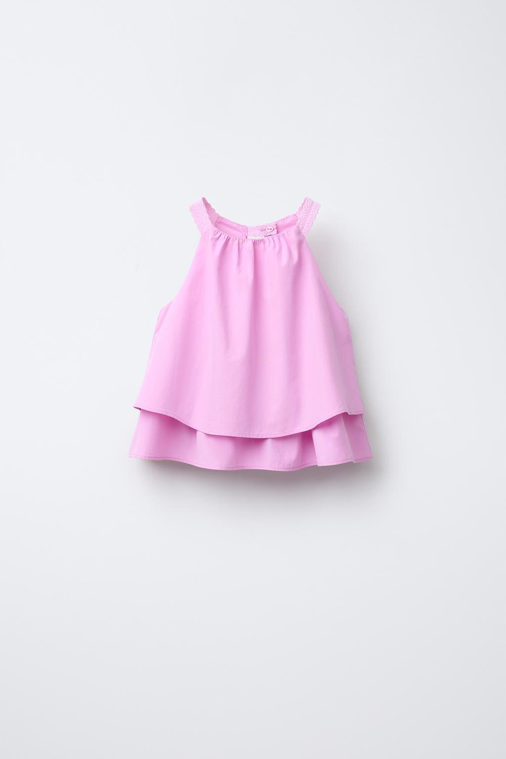 ZARA ТОП ИЗ ПОПЛИНА С ДВОЙНЫМИ ВОЛАНАМИ И КРУЖЕВОМ, РОЗОВЫЙ