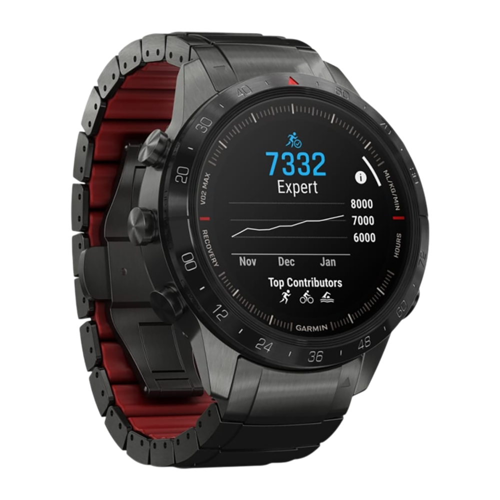 Спортивные часы Garmin MARQ Athlete (Gen 2) Performance Edition, гибридный блочный браслет, силиконовый ремешок цвета «красная плазма» Безель и корпус из титана с DLC-покрытием, AMOLED-дисплей с куполообразным сапфировым стеклом. Блочный браслет из титана