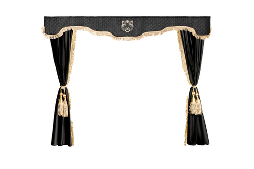 Шторы спального места с прихватами в кабину грузовика. Ламбрекен из экокожи с вышивкой Тигр и прихватами "Кисти". Высота 1,5м, ширина одной стороны - 1,15м. Блэкаут, велюр. Черный цвет с бежевыми кистями